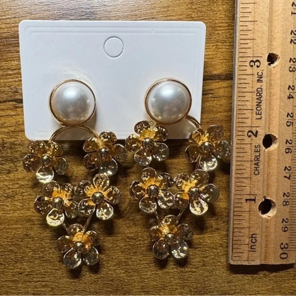Golden‎ Garden Floral Drop Earrings with Faux Pearl Studs – Soft Romantic Style